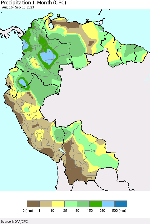 Northern South America Precipitation 1-Month (CPC) Thematic Map For 8/16/2023 - 9/15/2023