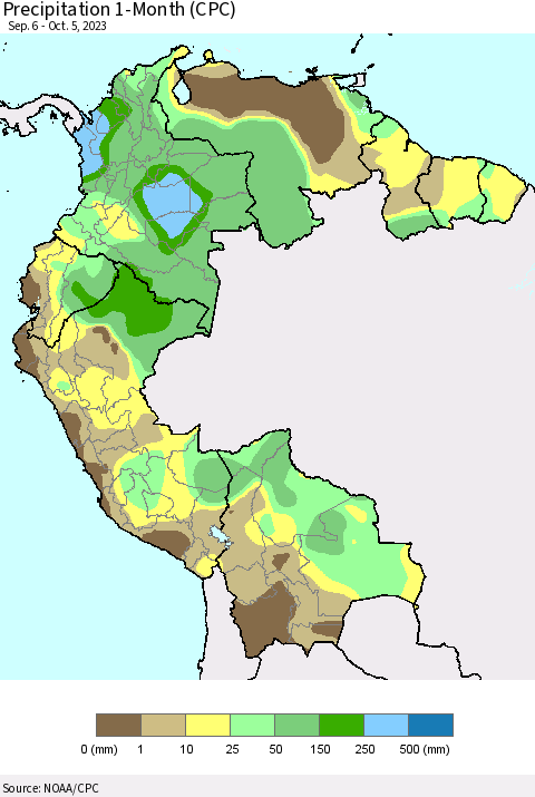 Northern South America Precipitation 1-Month (CPC) Thematic Map For 9/6/2023 - 10/5/2023