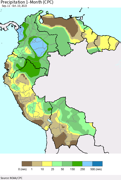 Northern South America Precipitation 1-Month (CPC) Thematic Map For 9/11/2023 - 10/10/2023