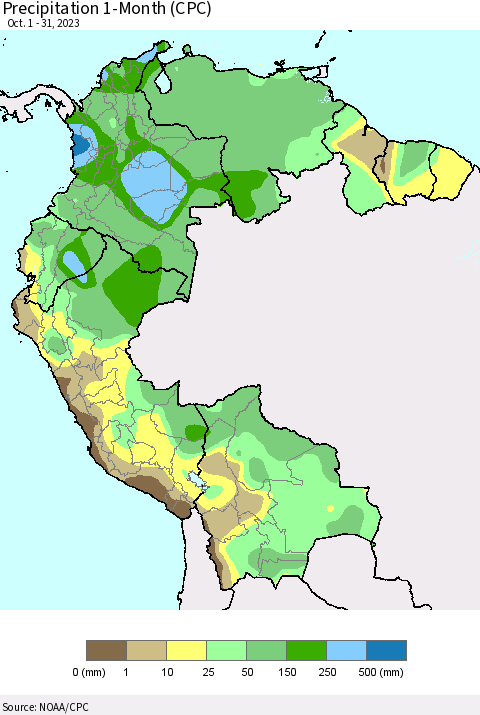 Northern South America Precipitation 1-Month (CPC) Thematic Map For 10/1/2023 - 10/31/2023