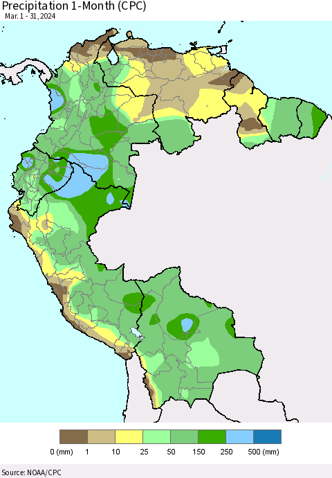 Northern South America Precipitation 1-Month (CPC) Thematic Map For 3/1/2024 - 3/31/2024