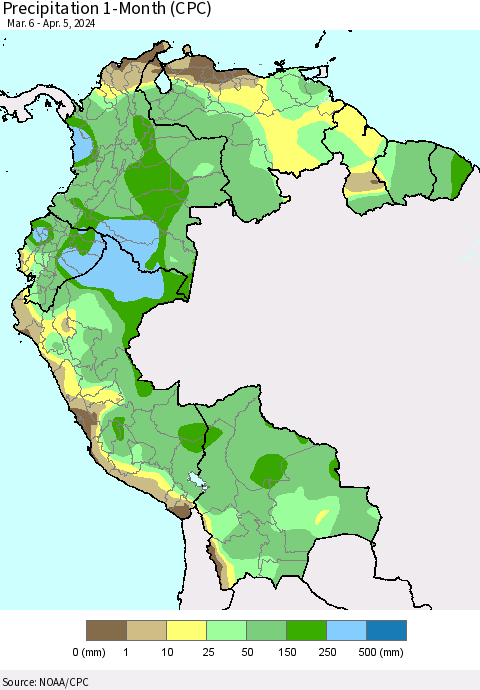 Northern South America Precipitation 1-Month (CPC) Thematic Map For 3/6/2024 - 4/5/2024