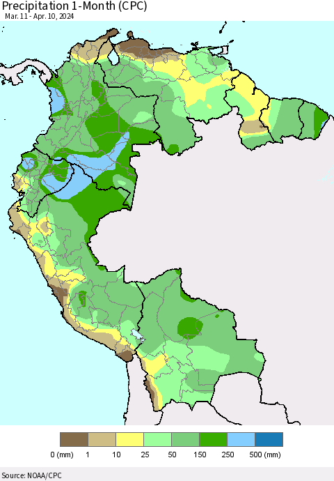 Northern South America Precipitation 1-Month (CPC) Thematic Map For 3/11/2024 - 4/10/2024