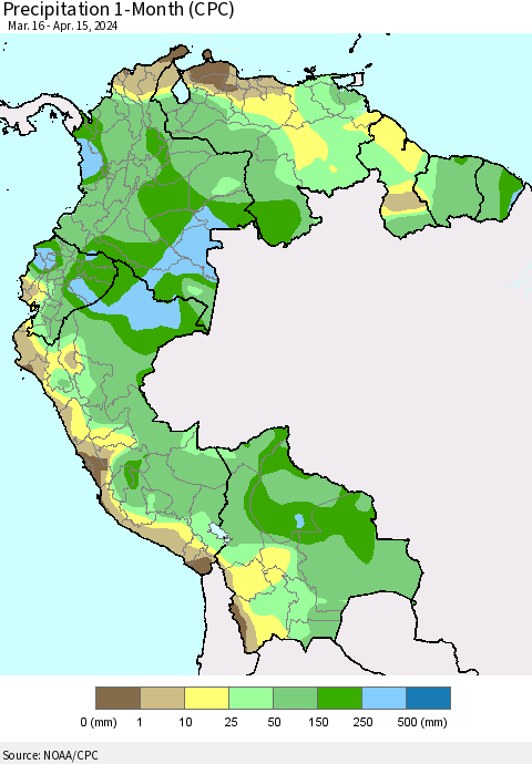Northern South America Precipitation 1-Month (CPC) Thematic Map For 3/16/2024 - 4/15/2024