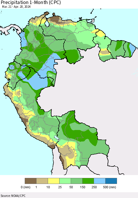 Northern South America Precipitation 1-Month (CPC) Thematic Map For 3/21/2024 - 4/20/2024