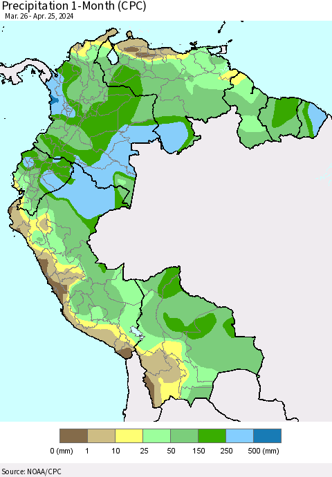 Northern South America Precipitation 1-Month (CPC) Thematic Map For 3/26/2024 - 4/25/2024