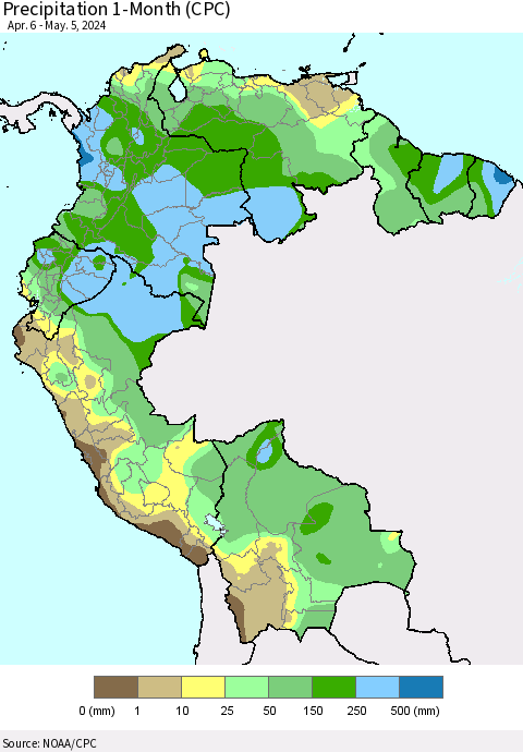 Northern South America Precipitation 1-Month (CPC) Thematic Map For 4/6/2024 - 5/5/2024