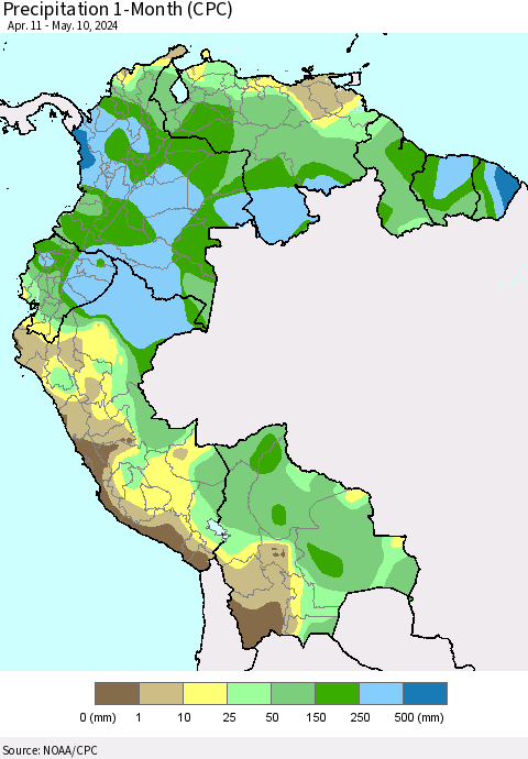Northern South America Precipitation 1-Month (CPC) Thematic Map For 4/11/2024 - 5/10/2024