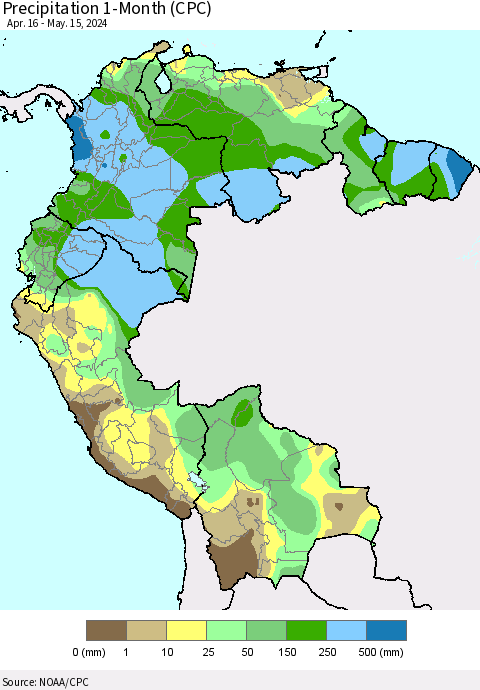 Northern South America Precipitation 1-Month (CPC) Thematic Map For 4/16/2024 - 5/15/2024
