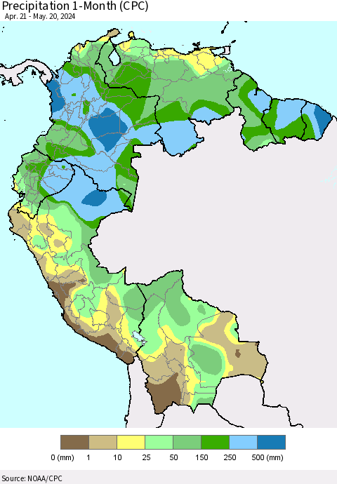 Northern South America Precipitation 1-Month (CPC) Thematic Map For 4/21/2024 - 5/20/2024