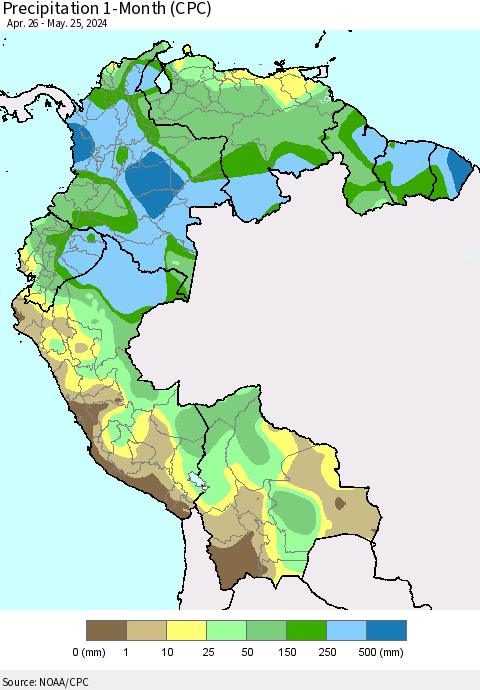 Northern South America Precipitation 1-Month (CPC) Thematic Map For 4/26/2024 - 5/25/2024