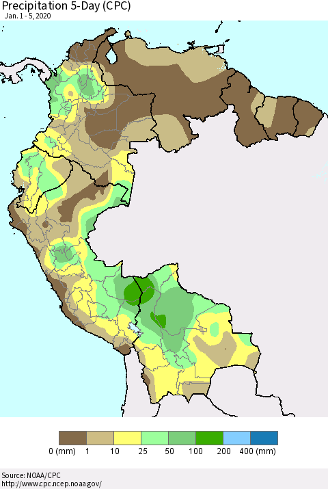 Northern South America Precipitation 5-Day (CPC) Thematic Map For 1/1/2020 - 1/5/2020