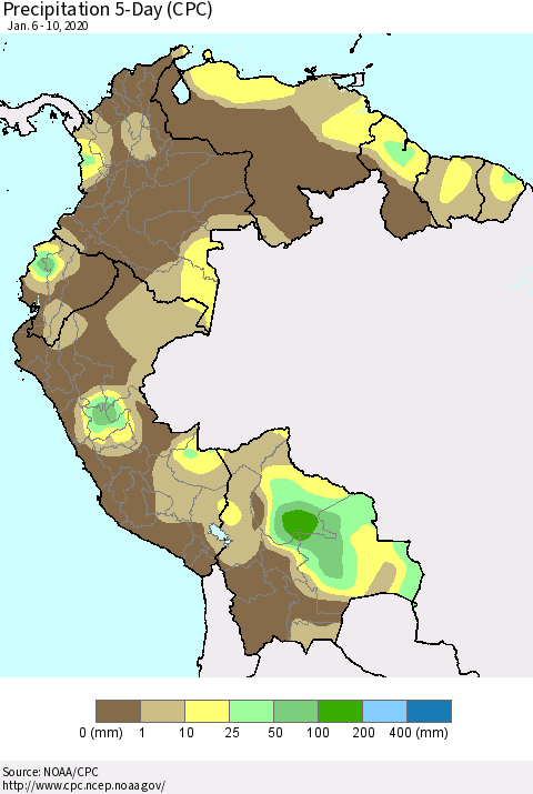 Northern South America Precipitation 5-Day (CPC) Thematic Map For 1/6/2020 - 1/10/2020