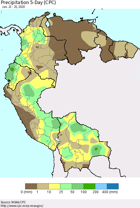 Northern South America Precipitation 5-Day (CPC) Thematic Map For 1/21/2020 - 1/25/2020