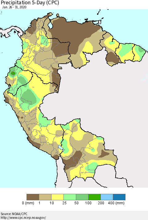 Northern South America Precipitation 5-Day (CPC) Thematic Map For 1/26/2020 - 1/31/2020