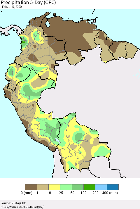 Northern South America Precipitation 5-Day (CPC) Thematic Map For 2/1/2020 - 2/5/2020