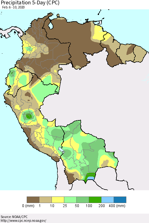 Northern South America Precipitation 5-Day (CPC) Thematic Map For 2/6/2020 - 2/10/2020
