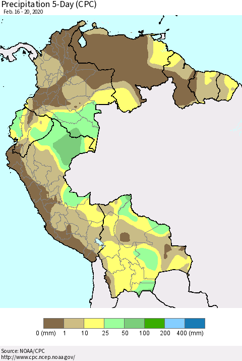 Northern South America Precipitation 5-Day (CPC) Thematic Map For 2/16/2020 - 2/20/2020