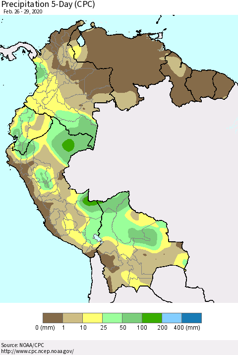 Northern South America Precipitation 5-Day (CPC) Thematic Map For 2/26/2020 - 2/29/2020