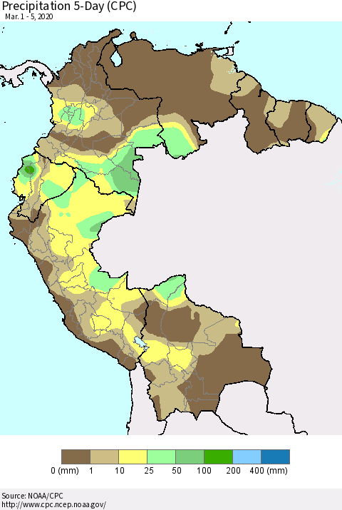 Northern South America Precipitation 5-Day (CPC) Thematic Map For 3/1/2020 - 3/5/2020