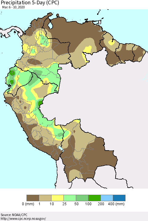 Northern South America Precipitation 5-Day (CPC) Thematic Map For 3/6/2020 - 3/10/2020