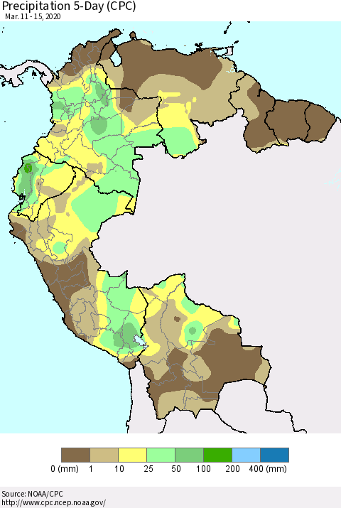 Northern South America Precipitation 5-Day (CPC) Thematic Map For 3/11/2020 - 3/15/2020