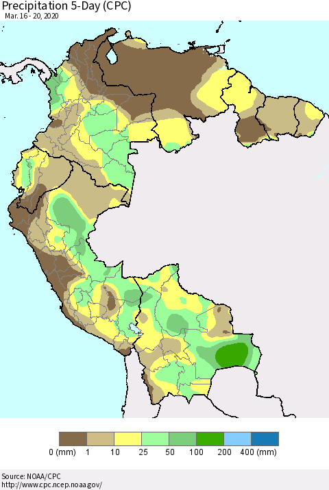 Northern South America Precipitation 5-Day (CPC) Thematic Map For 3/16/2020 - 3/20/2020