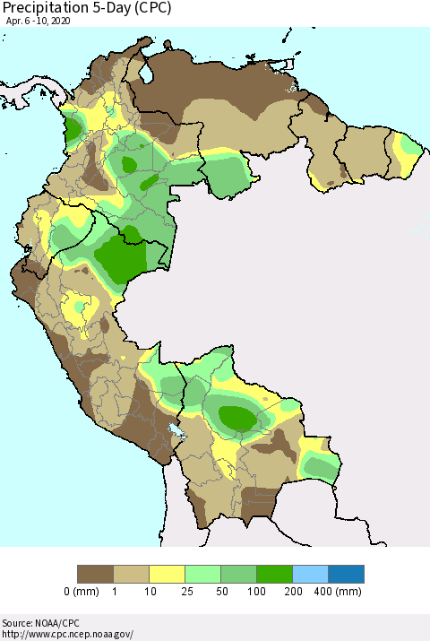 Northern South America Precipitation 5-Day (CPC) Thematic Map For 4/6/2020 - 4/10/2020