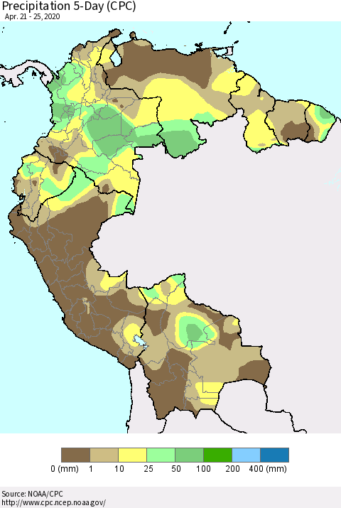 Northern South America Precipitation 5-Day (CPC) Thematic Map For 4/21/2020 - 4/25/2020