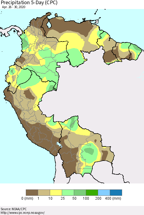 Northern South America Precipitation 5-Day (CPC) Thematic Map For 4/26/2020 - 4/30/2020