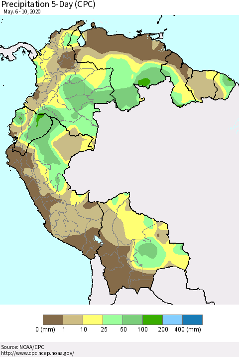 Northern South America Precipitation 5-Day (CPC) Thematic Map For 5/6/2020 - 5/10/2020