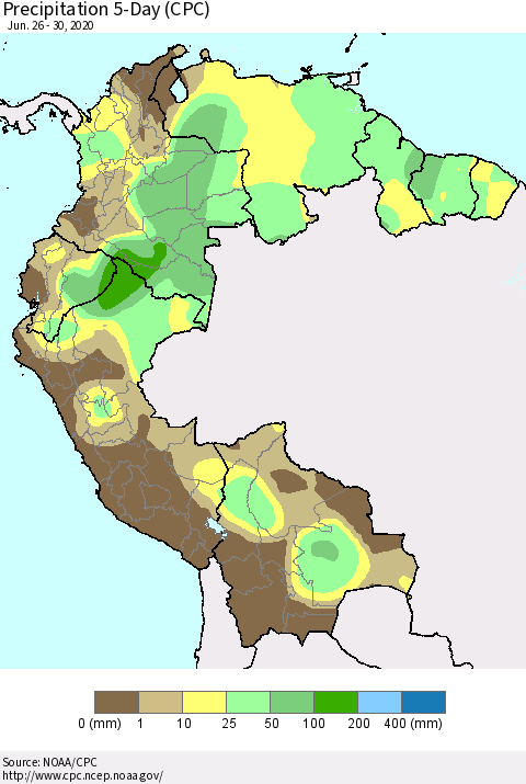 Northern South America Precipitation 5-Day (CPC) Thematic Map For 6/26/2020 - 6/30/2020