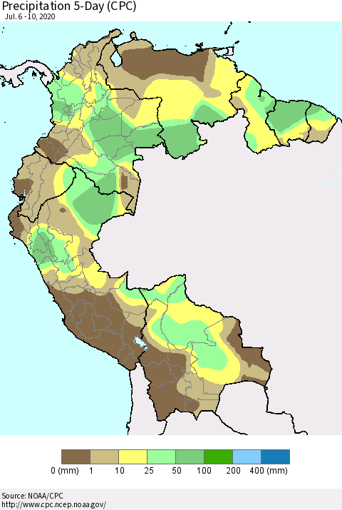 Northern South America Precipitation 5-Day (CPC) Thematic Map For 7/6/2020 - 7/10/2020