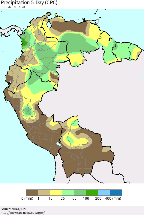 Northern South America Precipitation 5-Day (CPC) Thematic Map For 7/26/2020 - 7/31/2020