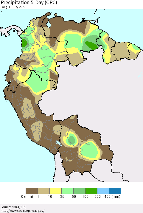 Northern South America Precipitation 5-Day (CPC) Thematic Map For 8/11/2020 - 8/15/2020