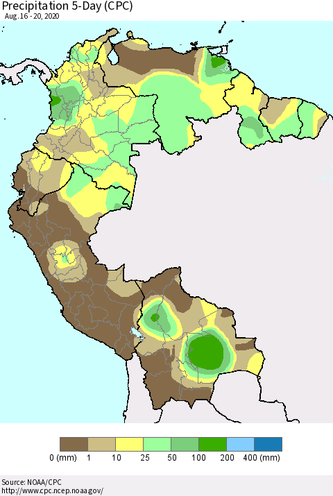 Northern South America Precipitation 5-Day (CPC) Thematic Map For 8/16/2020 - 8/20/2020