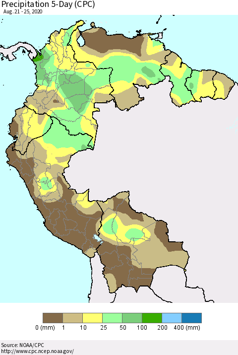 Northern South America Precipitation 5-Day (CPC) Thematic Map For 8/21/2020 - 8/25/2020