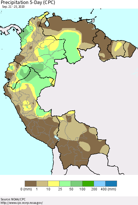 Northern South America Precipitation 5-Day (CPC) Thematic Map For 9/21/2020 - 9/25/2020