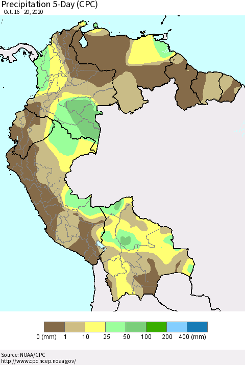 Northern South America Precipitation 5-Day (CPC) Thematic Map For 10/16/2020 - 10/20/2020