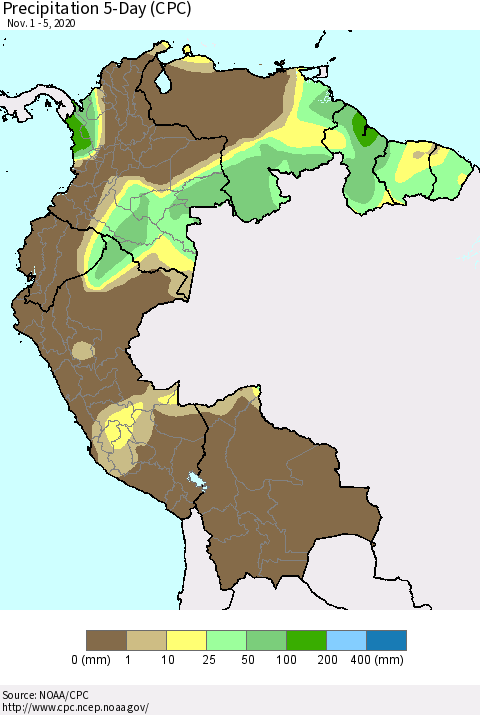 Northern South America Precipitation 5-Day (CPC) Thematic Map For 11/1/2020 - 11/5/2020