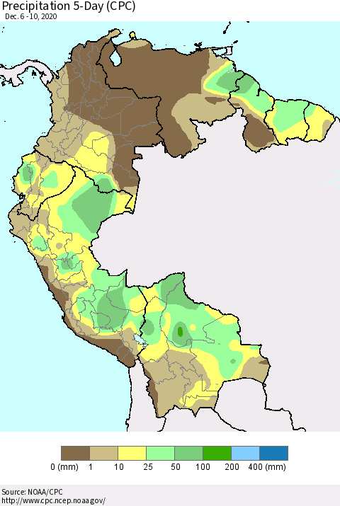 Northern South America Precipitation 5-Day (CPC) Thematic Map For 12/6/2020 - 12/10/2020