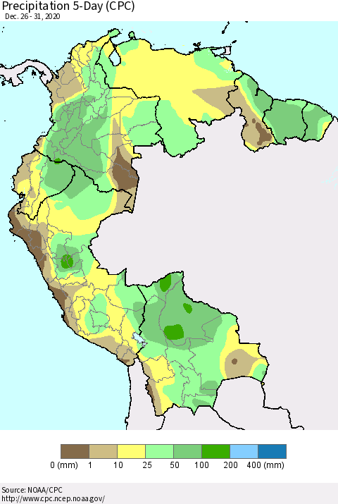 Northern South America Precipitation 5-Day (CPC) Thematic Map For 12/26/2020 - 12/31/2020