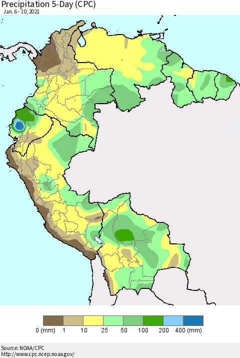 Northern South America Precipitation 5-Day (CPC) Thematic Map For 1/6/2021 - 1/10/2021