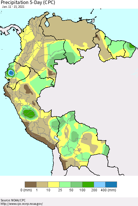 Northern South America Precipitation 5-Day (CPC) Thematic Map For 1/11/2021 - 1/15/2021