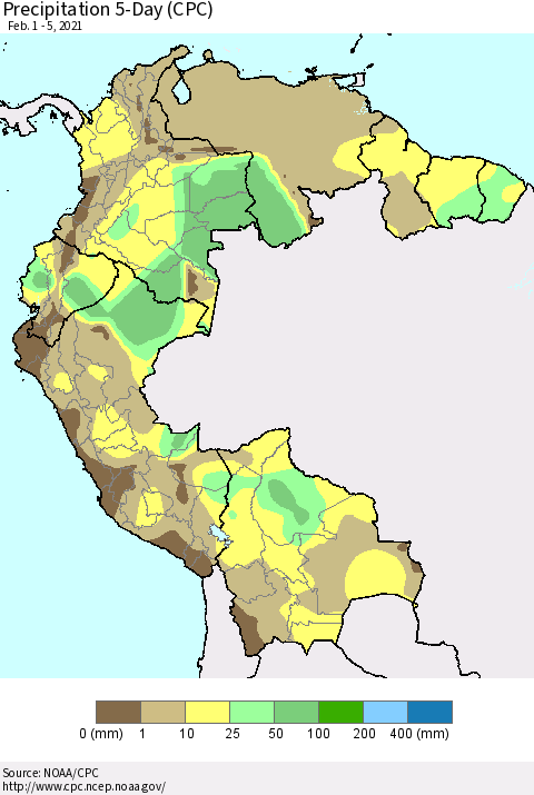 Northern South America Precipitation 5-Day (CPC) Thematic Map For 2/1/2021 - 2/5/2021