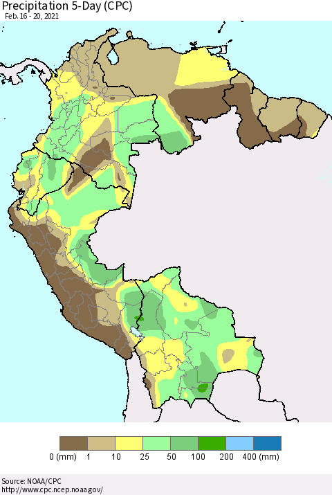 Northern South America Precipitation 5-Day (CPC) Thematic Map For 2/16/2021 - 2/20/2021