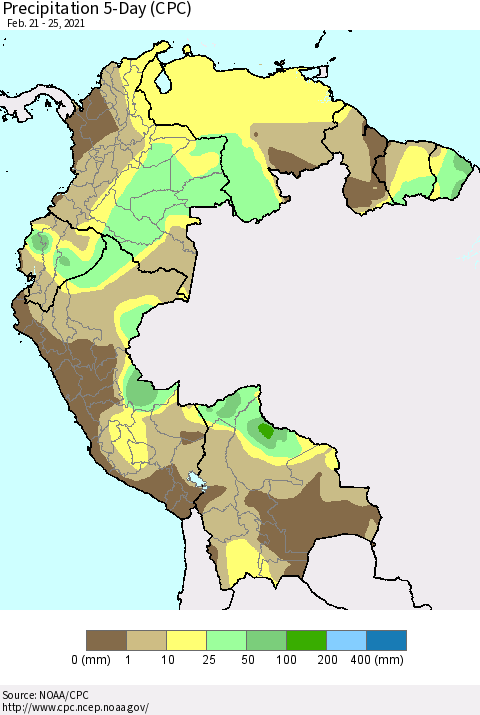 Northern South America Precipitation 5-Day (CPC) Thematic Map For 2/21/2021 - 2/25/2021