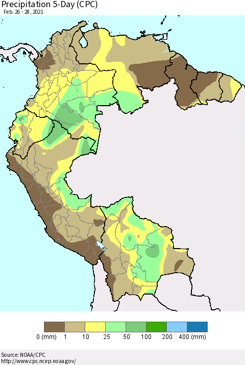 Northern South America Precipitation 5-Day (CPC) Thematic Map For 2/26/2021 - 2/28/2021