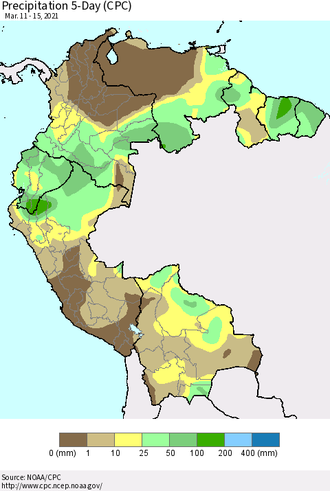 Northern South America Precipitation 5-Day (CPC) Thematic Map For 3/11/2021 - 3/15/2021