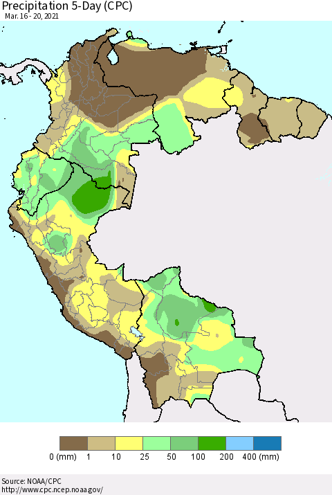 Northern South America Precipitation 5-Day (CPC) Thematic Map For 3/16/2021 - 3/20/2021